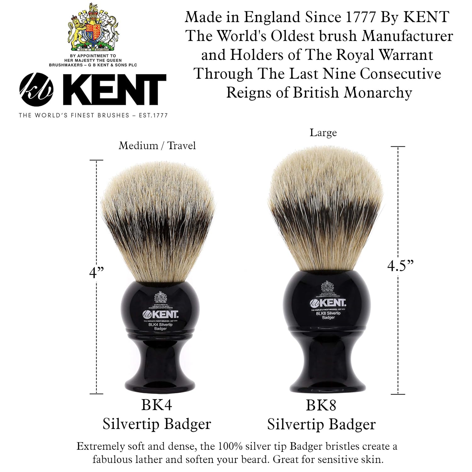 Kent BLK4 Shaving Brush, Handcrafted Silver Tip Badger Bristle and Black Base Shave Brush, for Shave Cream and Shaving Soap for a Perfect Lather, Kent Luxury Shaving Since 1777. Made in England