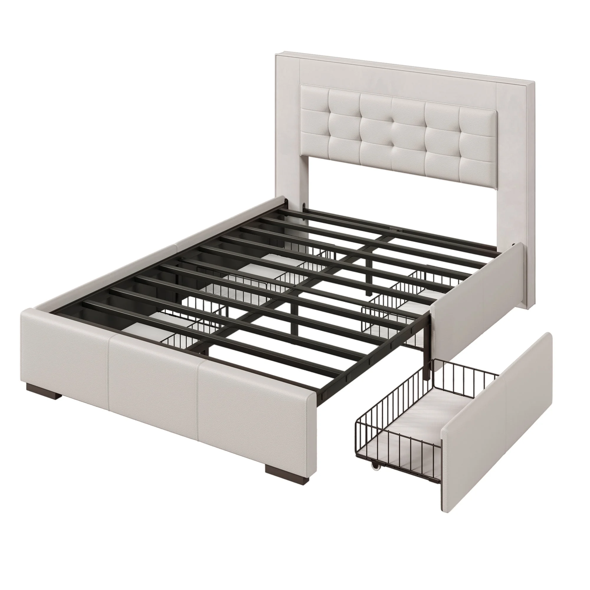 Acer Queen Platform Bed Frame with Four Drawers - Beige