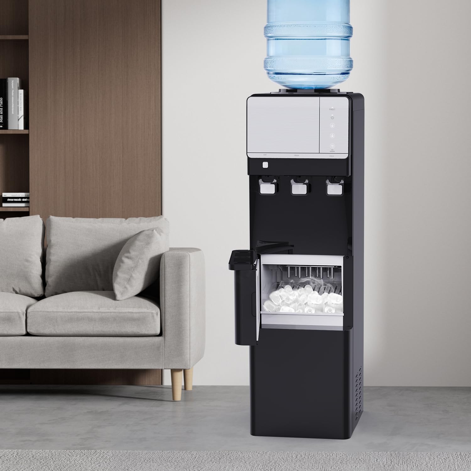 3 in 1 Water Cooler Dispenser with Ice Maker, Hot Cold Room Temp Water and Bullet Ice, Top Loading 2, 3 or 5 Gallon, 26 Lbs per 24H, Child Safety Lock, Black