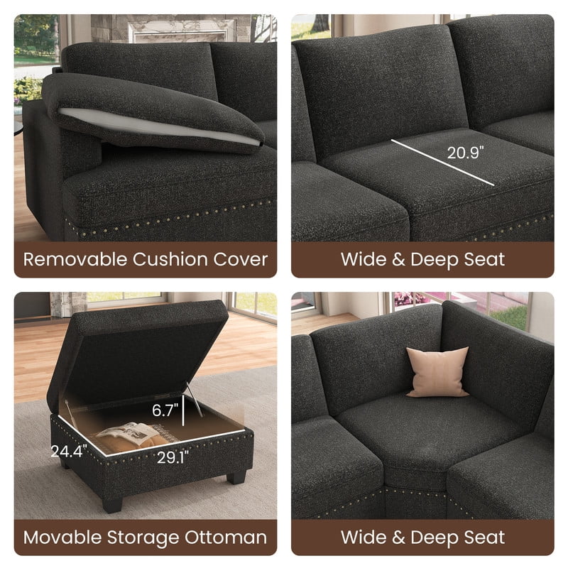 Nolany Modern U Shaped Modular Sectional Sofa with Storage Ottoman for Small Space, Dark Grey