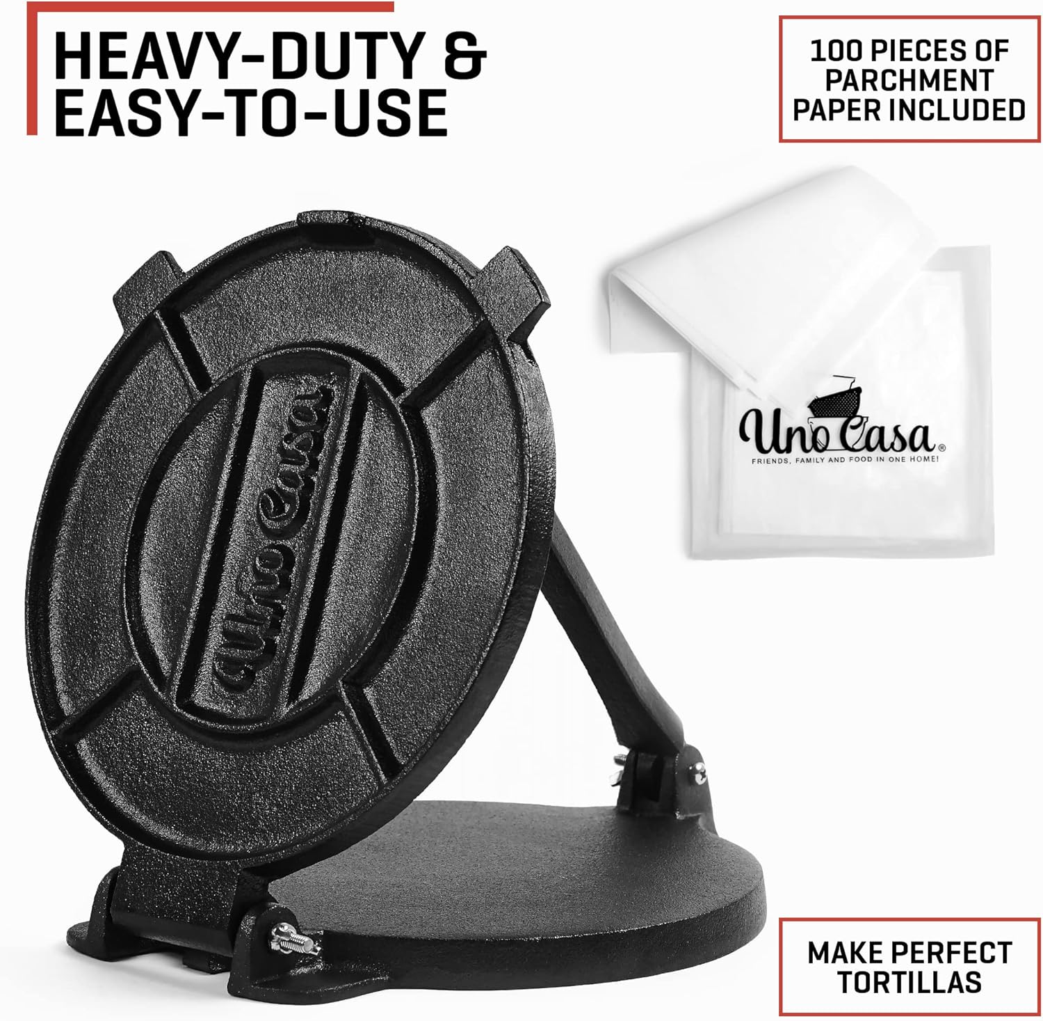 Uno Casa Cast Iron Tortilla Press 8 Inch with Cast Iron Comal Pan - Bundle of Tortilla Pan for Roti, Tawa, Dosa and Pre-Seasoned Tortilla Press Pataconera