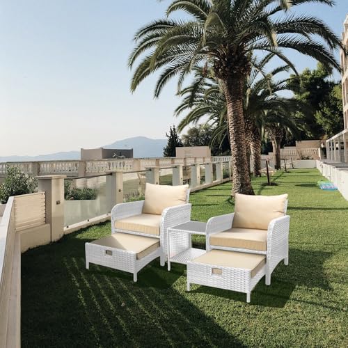 LEVELEVE Balcony Furniture 5 Piece Patio Conversation Set, PE Wicker Rattan Outdoor Lounge Chairs with Soft Cushions 2 Ottoman&Glass Table for Porch, Lawn-Brown Wicker