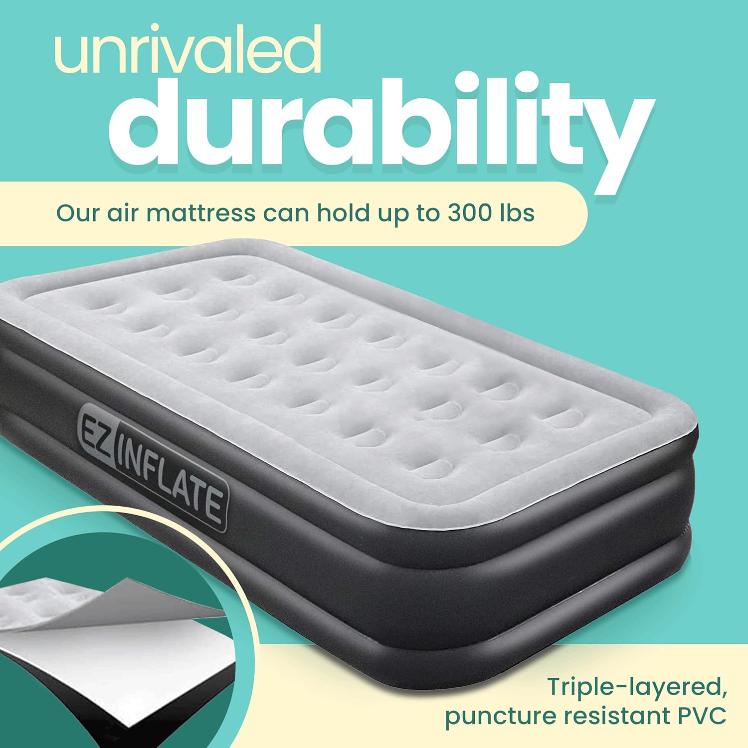 EZ Inflate Air Mattress with Built in Pump - Twin Size Double-High Inflatable Mattress with Flocked Top - Easy Inflate, Waterproof, Portable Blow Up Bed for Camping & Travel