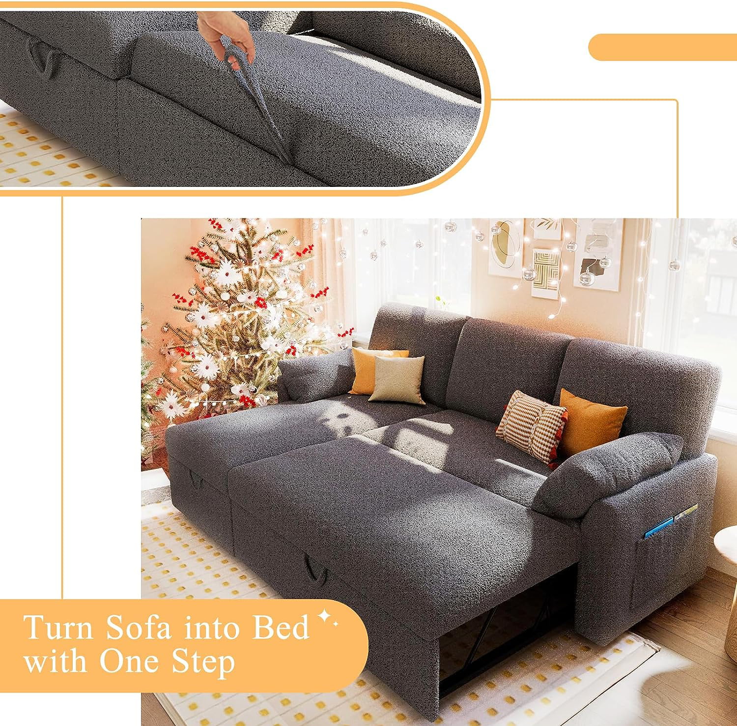 Papajet Sofa Bed, Sleeper Sofa with Storage Chaise, Pull Out Couch for Living Room- Gray Chenille