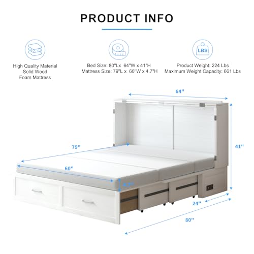 PUREMIND Queen Murphy Bed Cabinet with 2 Storage Drawers, Hideaway Murphy Chest Bed with Mattress, Cabinet Beds Wallbed with USB Charging Station for Bedroom, Guest Room