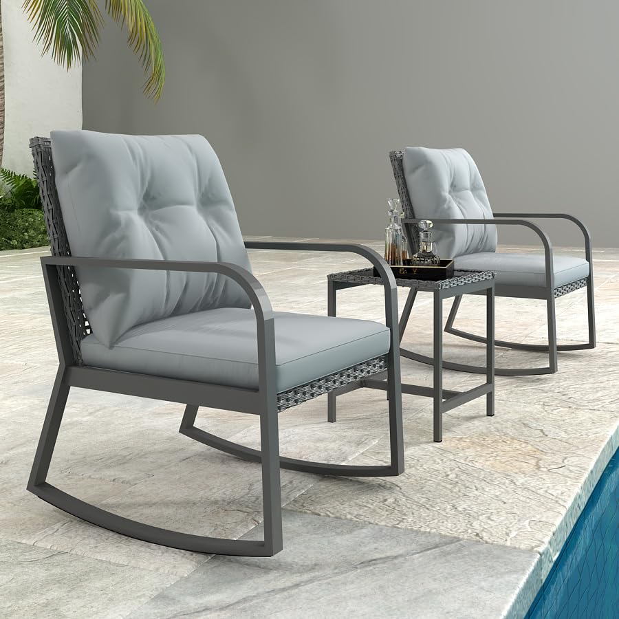 3 Piece Rocking Bistro Patio Set, Outdoor Rocking Chair, Outdoor Bistro Sets Wicker Patio Furniture Rocking Chairs Sectional Couch with Tempered Glass Top Coffee Table & Cushions, Dark Blue
