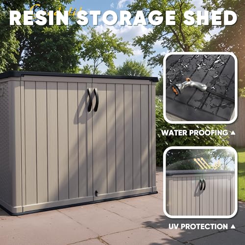 Devoko Outdoor Storage Cabinet 26 Cu Ft with Lockable Doors, Horizontal Storage Shed Waterproof Patio Tools Storage Box for Sofa Cushions, Gardening Tools and Accessories (White)