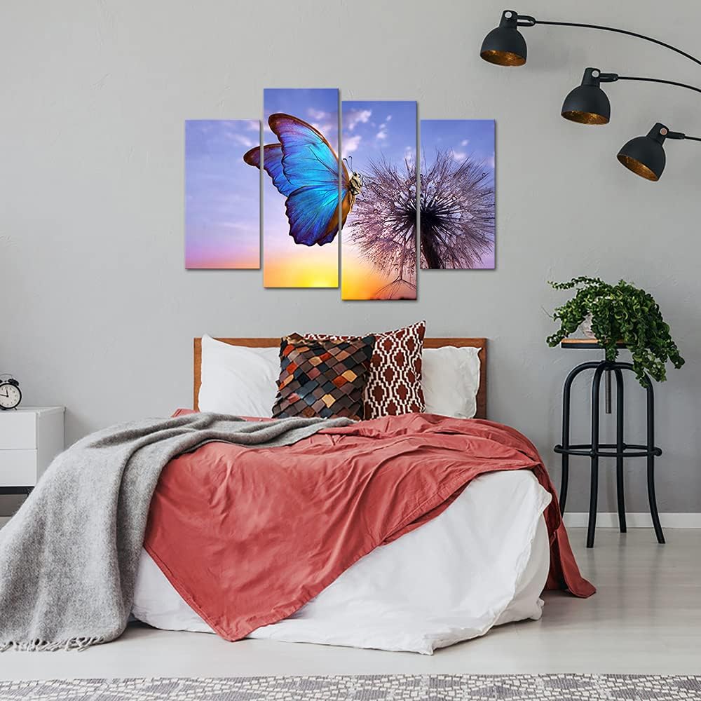 VANSEEING 4 Panels Dandelion Canvas Wall Art Blue Butterfly Dandelion Paintings Picture Sunset Landscape Artwork Prints Stretched and Framed for Living Room Bedroom