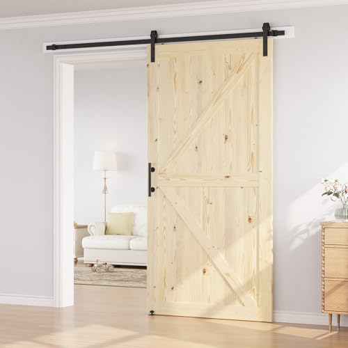 SMARTSTANDARD 36in x 84in Sliding Barn Door with 6.6ft Barn Door Hardware Kit Included, Unfinished Solid Spruce Wood Door, Assembly Required, DIY, Stainable, Natural