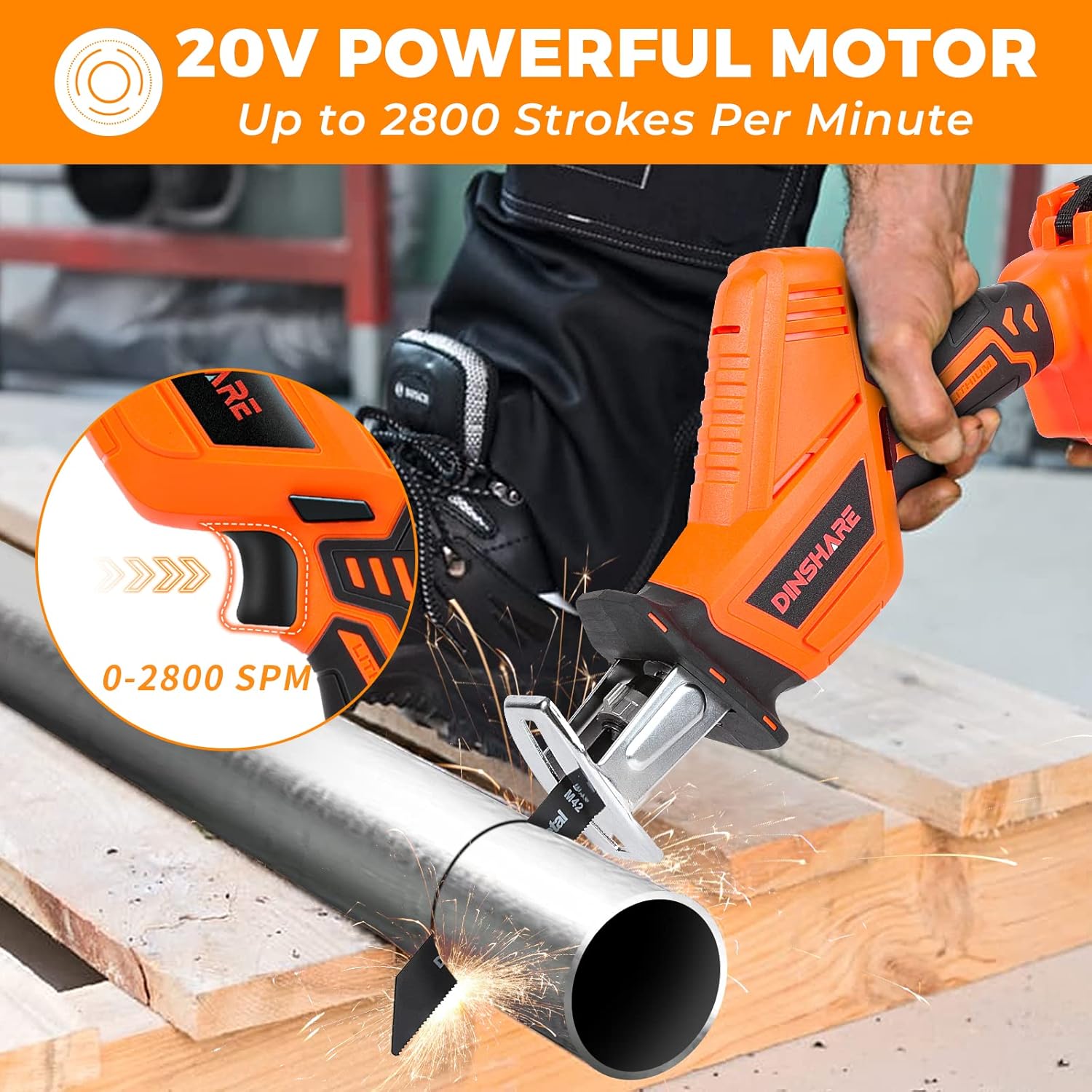 Cordless Reciprocating Saw - 20V 2.0Ah Powerful Reciprocating Saw w/High Efficient Cutting, 45 Mins Fast Charger, 6 Saw Blades, Tool-free Blade Change, Reciprocating Saw for Metal/Wood/PVC Pipe/Tree Pack of 2