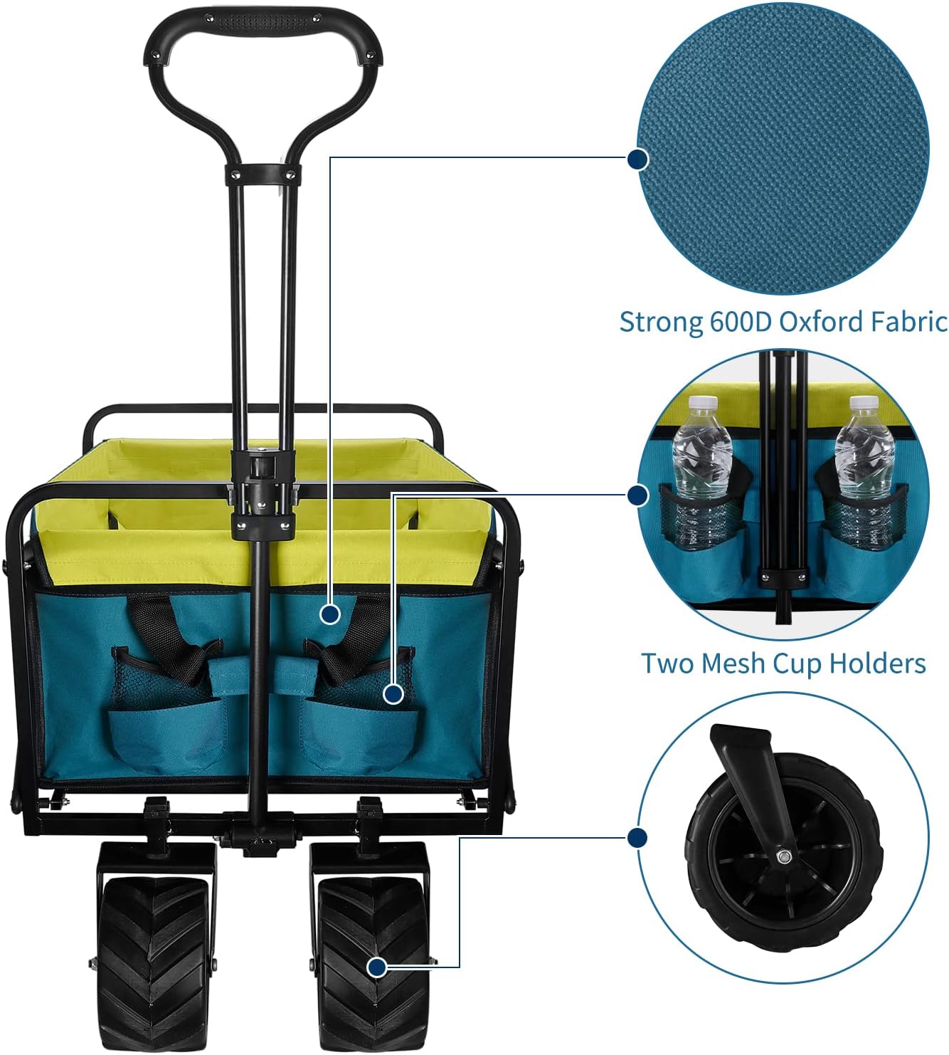 Collapsible Folding Wagon Beach Carts with Big Wheels for Sand, All-Terrain Beach Wagon with Universal Wheels, Adjustable Handle & Drink Holders for Camping, Sports, Shopping