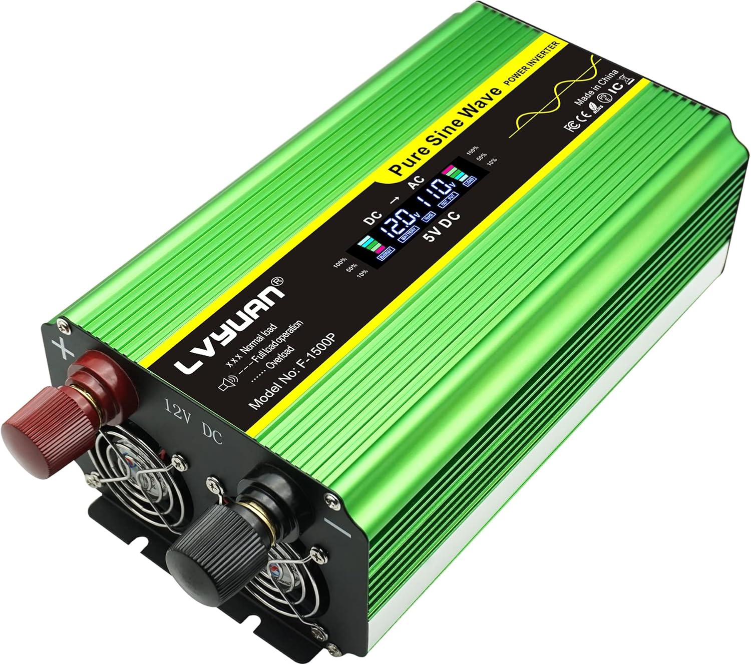 LVYUAN Pure Sine Wave Inverter 1600 Watts Inverter 12V to 110V DC to AC with Remote Controller, LCD Display 4 AC Sockets and 4 USB Ports for Car Truck Solar Power (PSW1600W-GREEN)