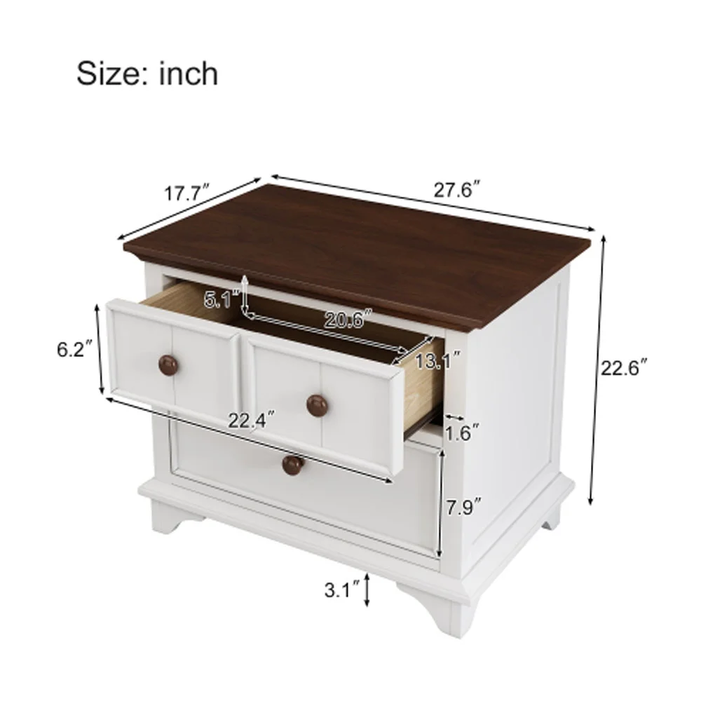 2 Pieces Wooden Bedroom Set Queen Murphy Bed and Nightstand, White+Walnut