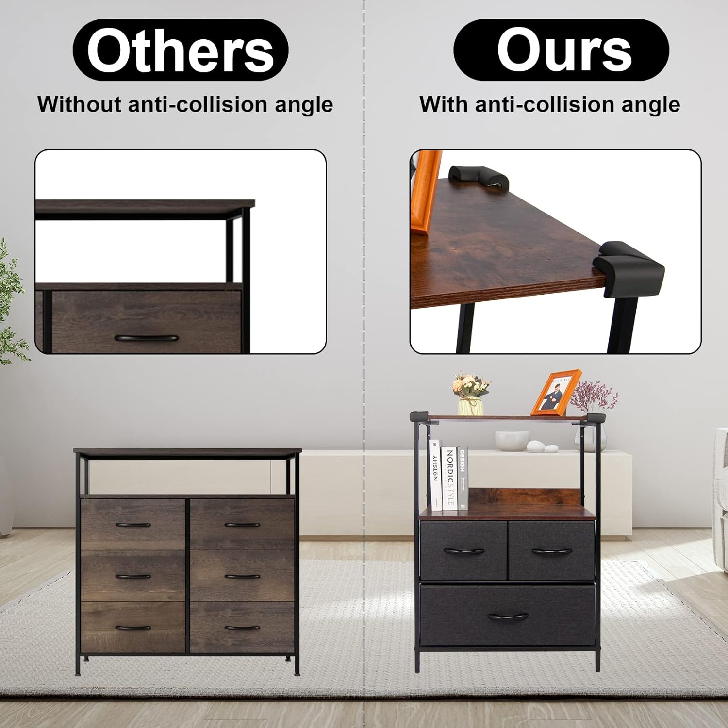 CONNOO Large Storage Dresser Unit, Wide Standing Fabric Dresser Room Organizer Cabinet for Bedroom, Hallway, Entryway, Closet, Nursery, 5 Removable Drawers Storage Tower, Wooden Top & Easy Pull Handle