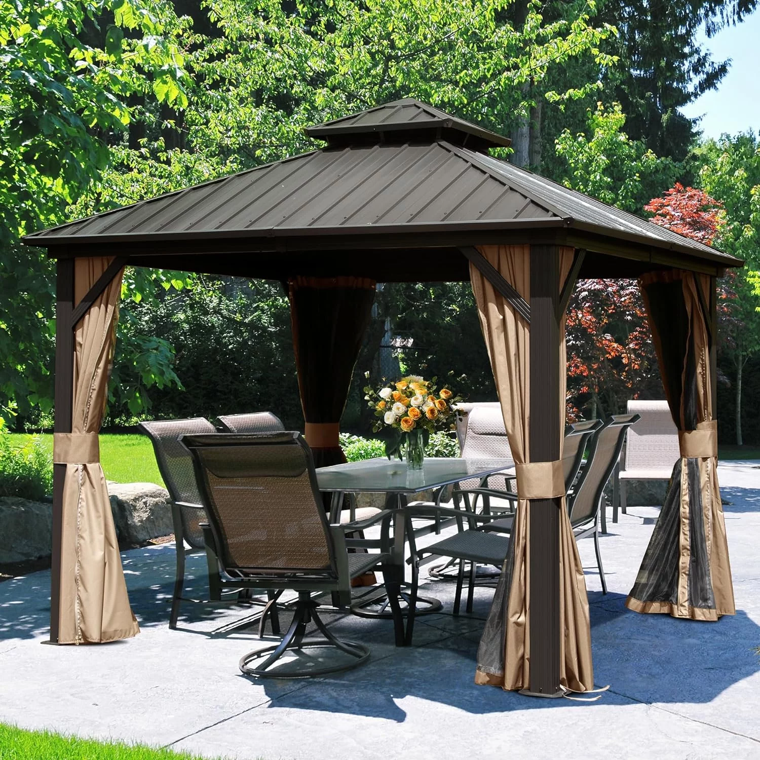 Domi Outdoor living10x10x9.5ft Hardtop Gazebo Double Roof Canopy Metal,w/Galvanized Steel,Curtain&Netting,Permanent Gazebo Pavilion