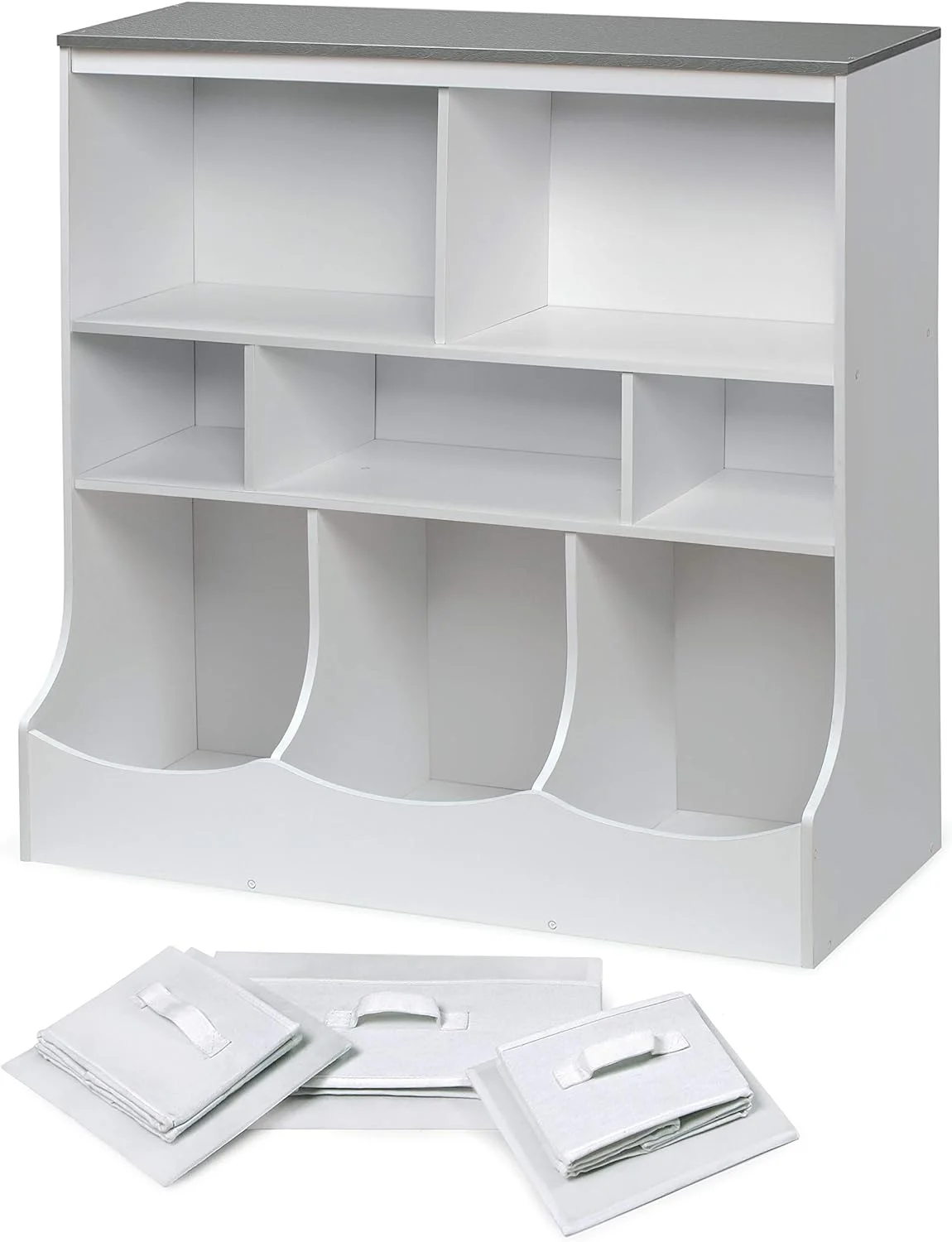 WAGEE Combo Bin Toy Storage Unit and Book Shelf for Kids with 3 Baskets - White/Gray