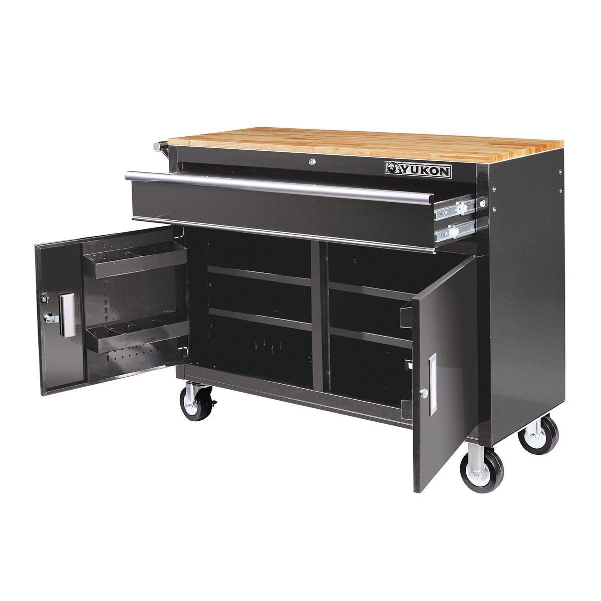 YUKON 46 in. Mobile Workbench with Solid Wood Top, Red