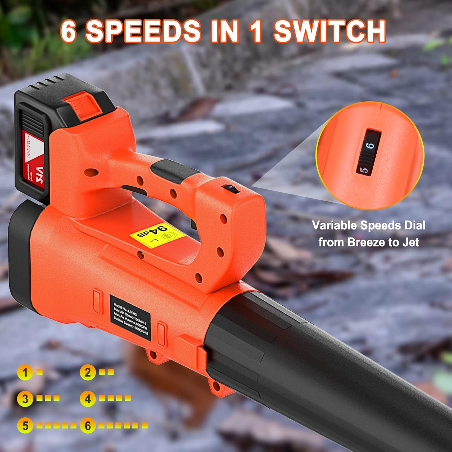 Leaf Blower, 460CFM 170MPH Leaf Blower Cordless with Battery and Charger, 6 Speeds Dial Electric Leaf Blower for Lawn Care, 21V 3.0AH Battery Powered Leaf Blower for Dust, Snow, Yard
