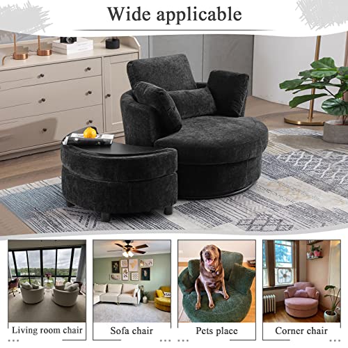 Chair and A Half with Ottoman, 360° Swivel Accent Barrel Chair Modern Comfy Round Reading Sofa Swivel Chairs Circle Lounge Chair for Bedroom Living Room w/4 Pillow Lower Seating Heigh (White, Large)