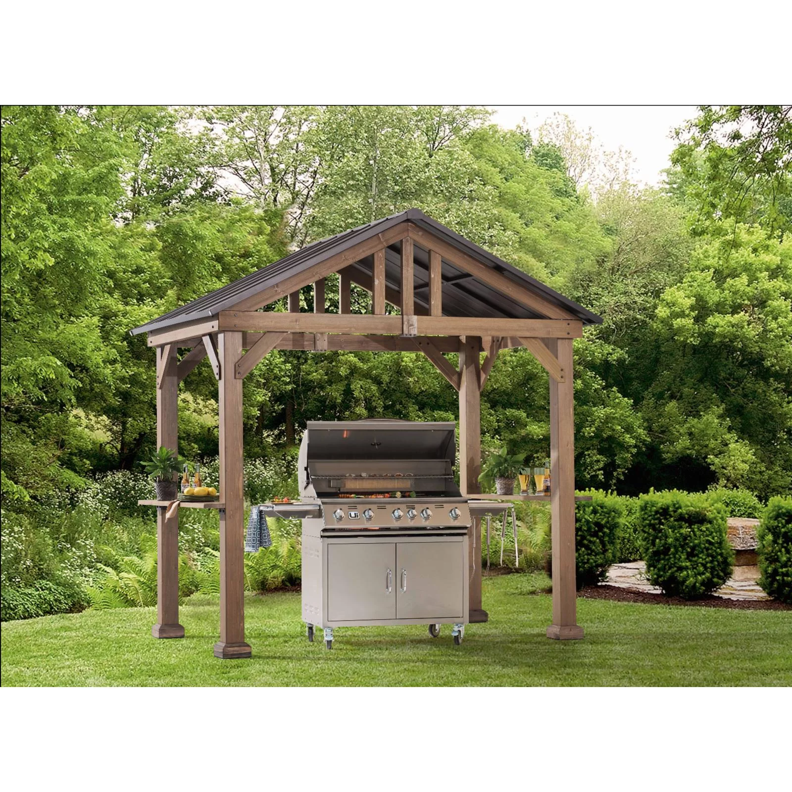 Sunjoy 9 ft. x 6 ft. Cedar Wood Hardtop Grill Gazebo