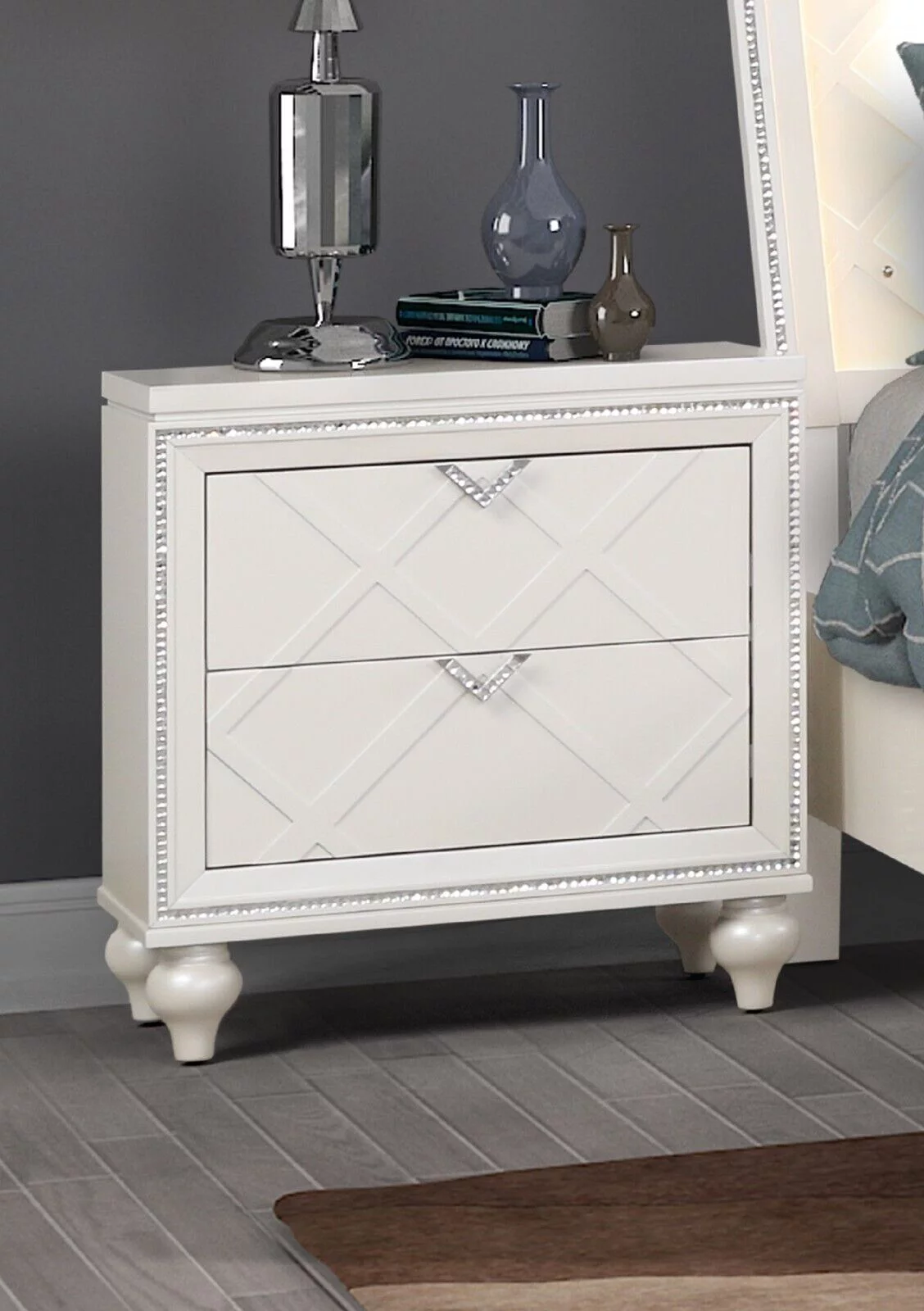 Modern 5pc Luxury Silver King Size Storage LED Headboard Bed Dresser Mirror Nightstand Bedroom Furniture