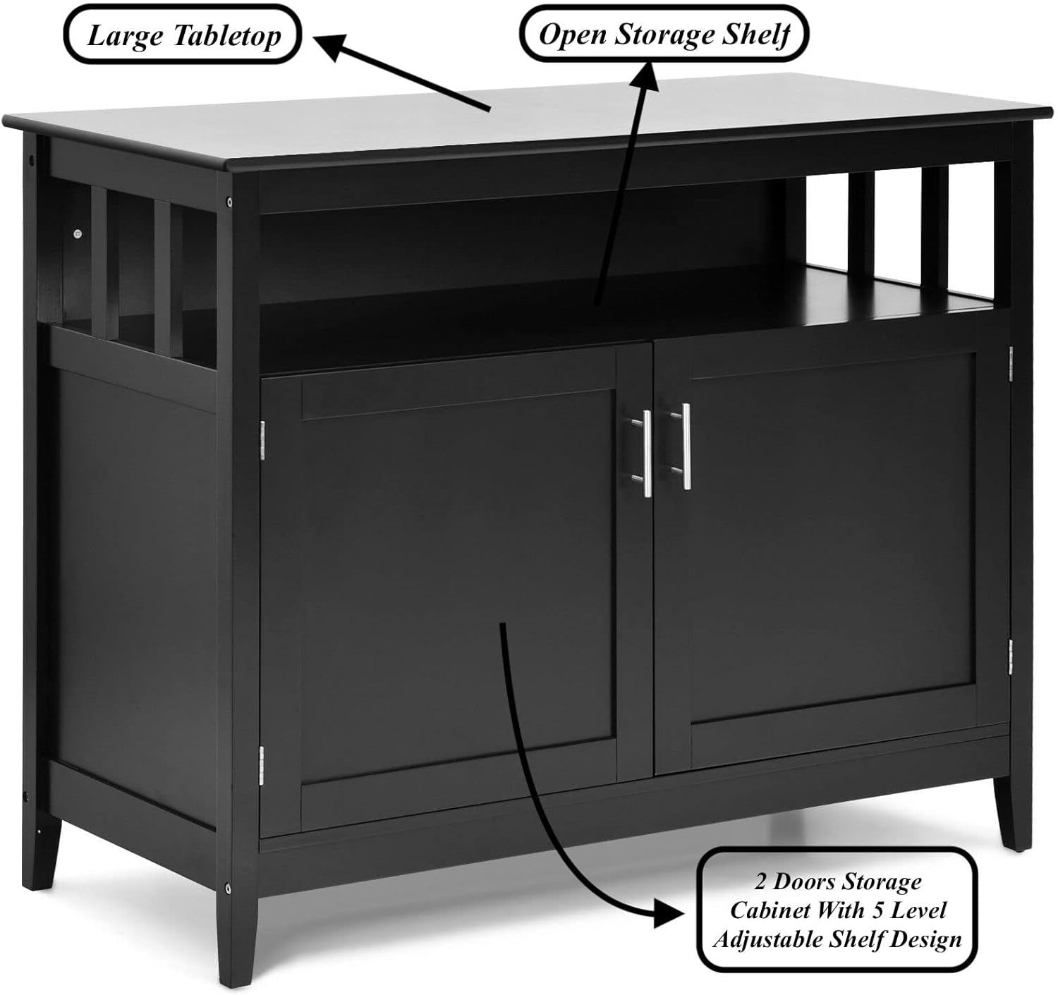 Black Modern Storage Cabinet Cupboard Buffet Server Table Sideboard Dining Room Kitchen Island 2 Doors Spacious Top Open Shelf Pantry Kitchenware Appliance Storage, 45''L×20'' W×36'' H