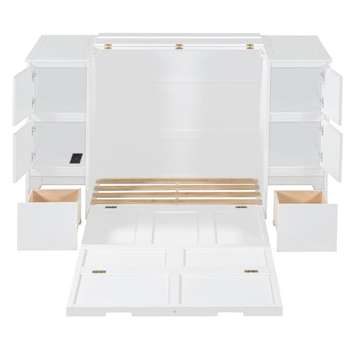 Twin Size Murphy Beds with Charging Station and Storage Drawers, Wood Cabinet Bed Frame, Wall Bed with Outlet & USB Ports for Home Office Studio, White