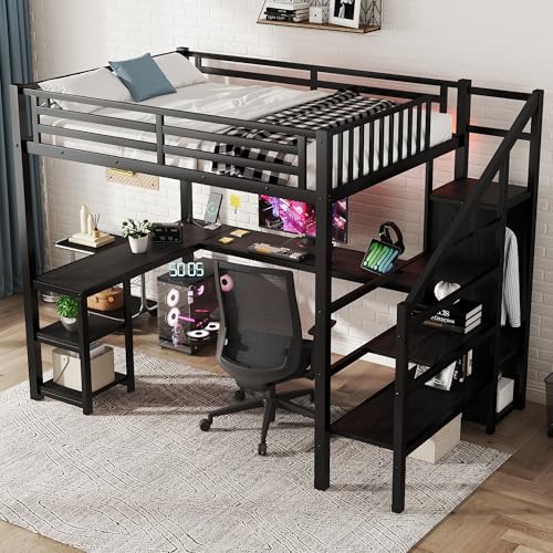 Full Size Loft Bed with Stairs and Storage, Metal Loft Bed Frame with Bedside Shelf and Large Under-Bed Space, Heavy-Duty Bed for Adults Teens and Kids, Black