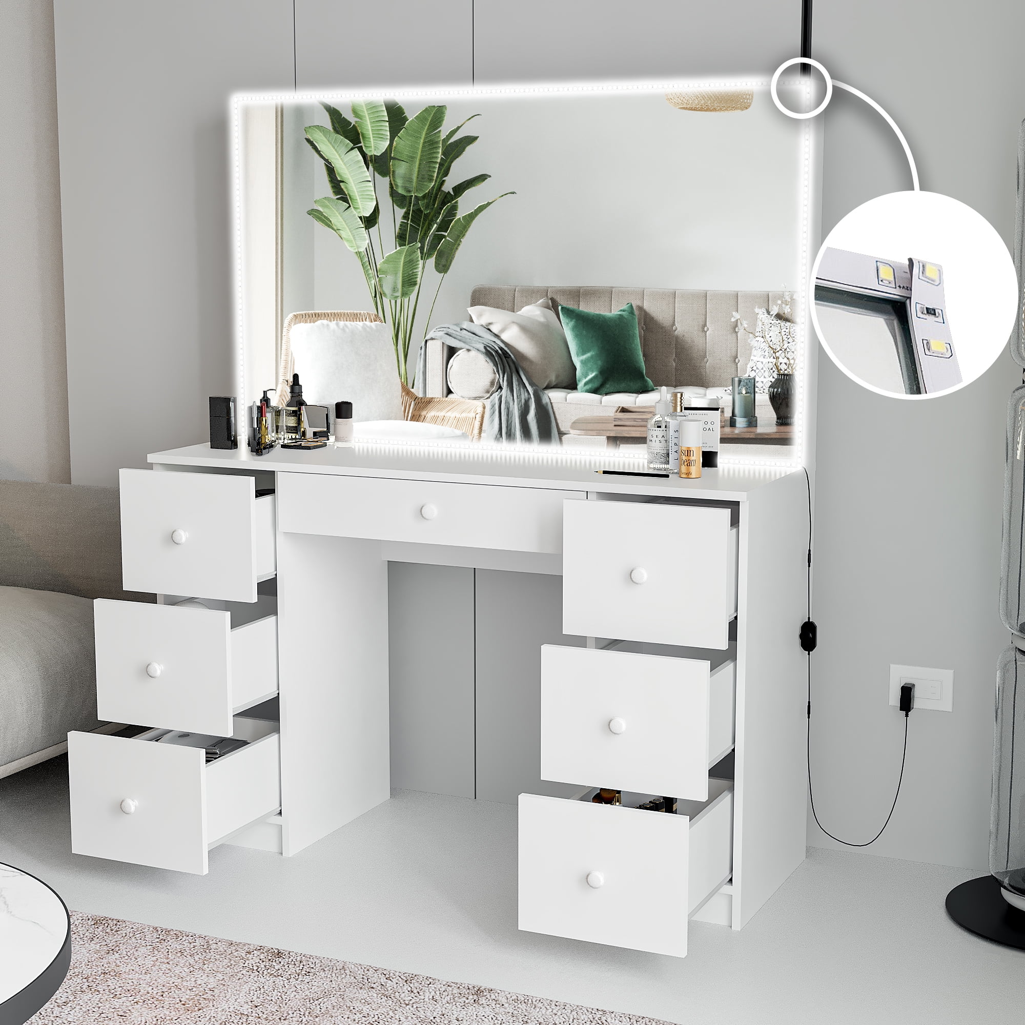 Ember Interiors Modern Lighted Vanity Table, for Bedroom