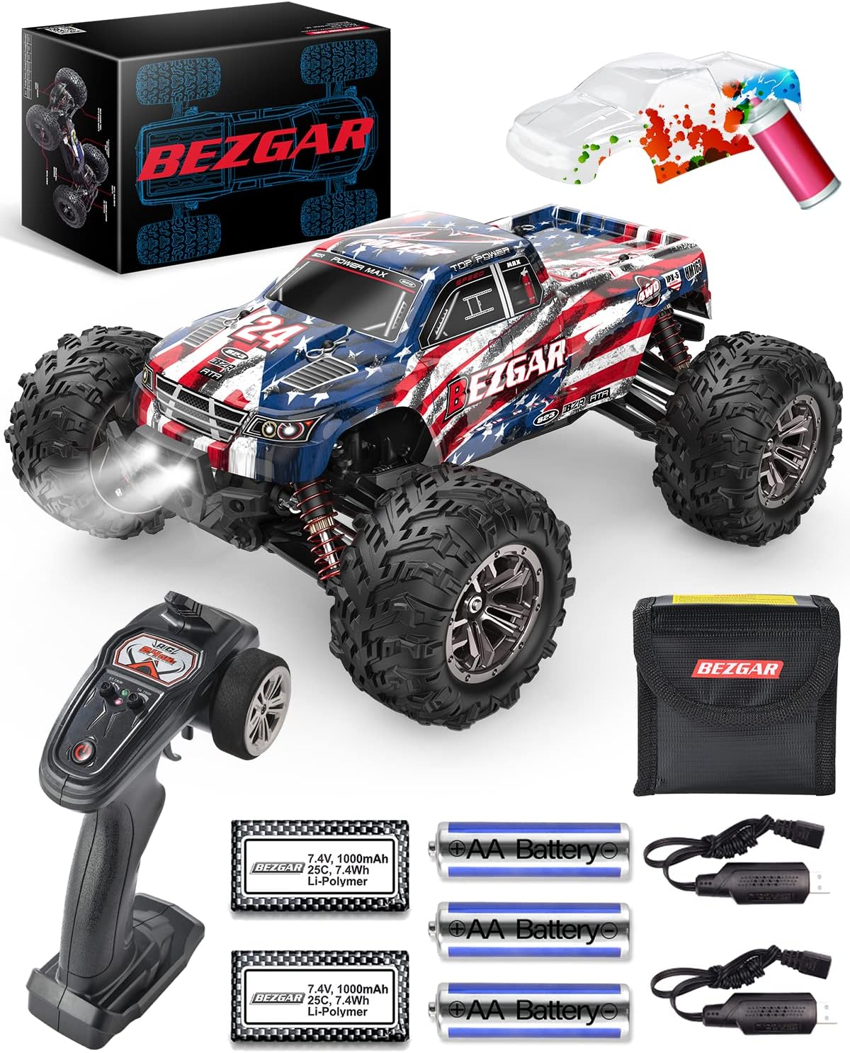 BEZGAR HM161 Hobby Grade 1:16 Remote Control Truck, 4WD High Speed 40+ Kmh All Terrains Electric Toy Off-Road RC Vehicle Car Crawler with Rechargeable Battery for Boys Kids and Adults