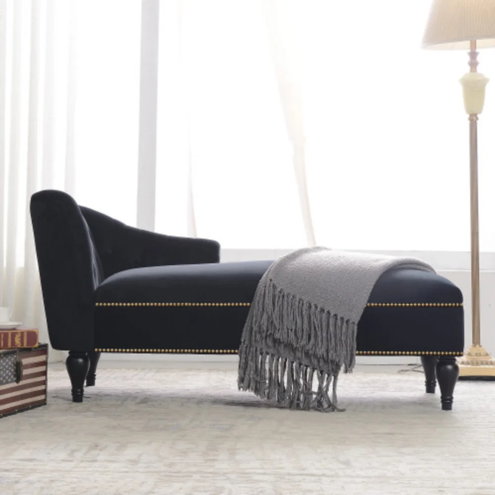 8" Velvet Chaise Lounge,Button Tufted Right Arm Facing Lounge Chair with Nailhead Trim & Solid Wood Legs for Living Room or Office, Sleeper Lounge Sofa (Black)