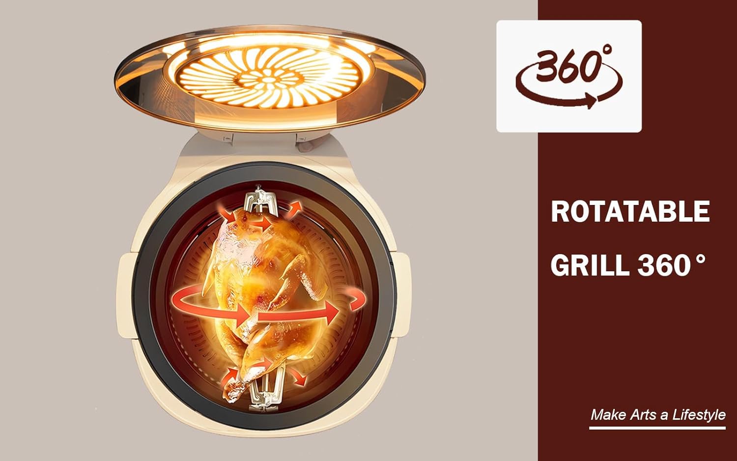 10-in-1 Functions Glass Air Fryer 8 Qt Large Capacity,Explosion-Proof,White Gold and Beige Cream Color,Rotating Grill Basket-Even Heating,Visible Window,Won't Burnt,No Smell