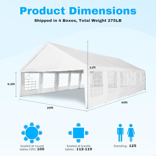 Party Tent 20x40Ft Heavy Duty Outdoor Canopy Tent Carport Gazebo Wedding Tent Carport Event Shelter Large Canopy Tent with Storage Bags