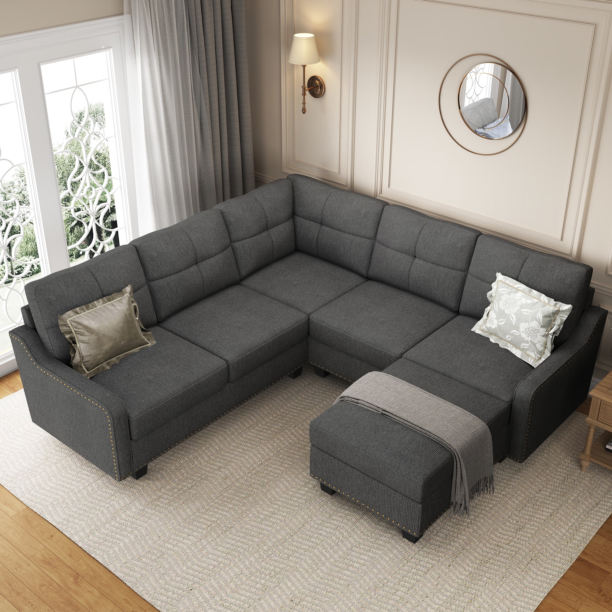 HONBAY Modern Convertible Nailhead Trim Sofa Set with Storage Ottoman, Dark Gray Sofa Set for Living Room - Curated Treasures Market