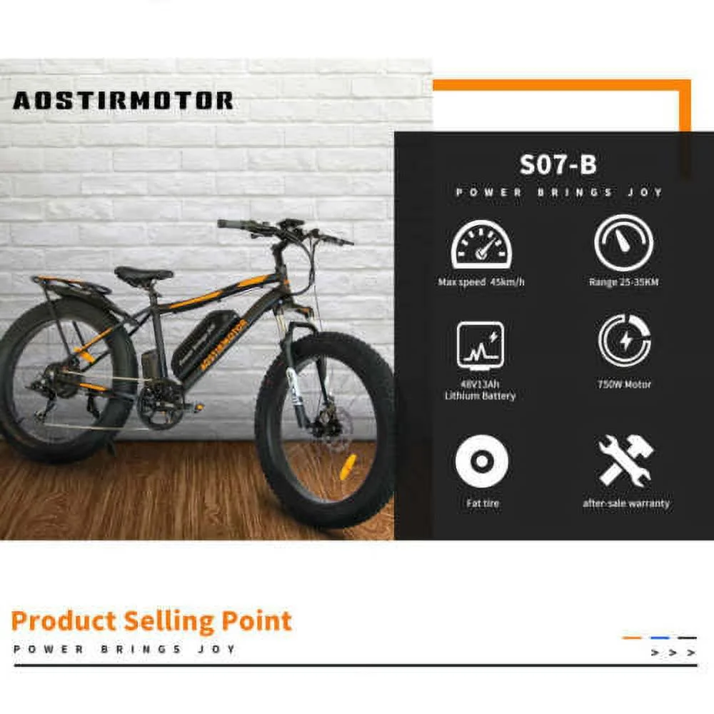 Aostirmotor Electric Mountain Bike, 749W Motor 48V 13AH Removable Lithium Battery Ebike with Rack, 26" 4.0 inch Fat tire Bike, Electric Bicycle for Adults(Black)
