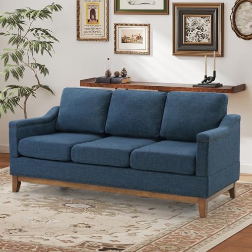Classic 3-Seater Upholstered Sofa with Nailhead Trim, High-Density Foam Cushions & Sturdy Solid Wood Legs, Soft Fabric Couch for Living Room, Beige