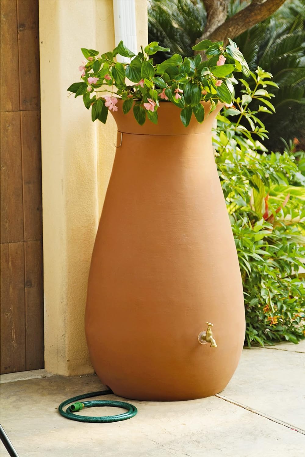 Gardener's Supply Company 65 Gallon Rainwater Collection Urn | Rain Barrel Storage for Rainwater | Eco Friendly Outdoor Rain Catcher & Container | Hose Included | Brass Spigot | Removable Top
