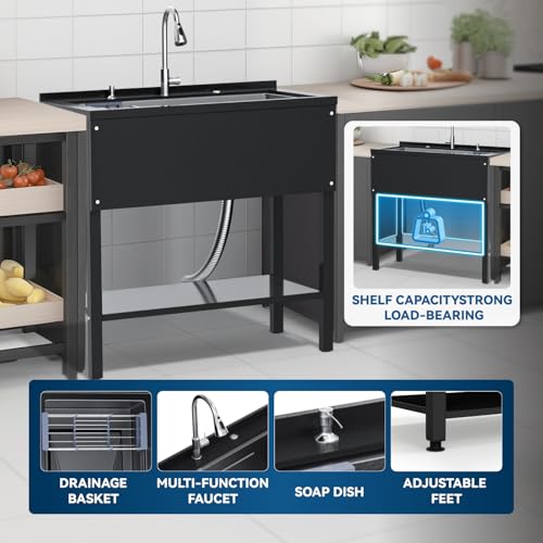 Stainless Steel Utility Sink,24" FreeStanding Laundry&Utility Room Sinks with Cold and Hot Water Faucet,Hoses and Drain Kit Commercial Single Bowl,Laundry Sink for Kitchens, Garage (24x18x36 Black)
