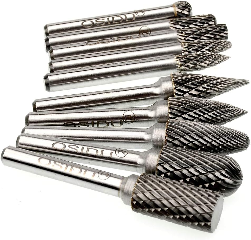 OSIDU Carbide Burr Set 10pcs Die Grinder Bits 1/2 Inch Cutting Burrs 1/4 Inch Shank Double Cut Carbide Rotary Burr Set for Die Grinder Drill,Metal Carving,Polishing,Engraving,Drilling