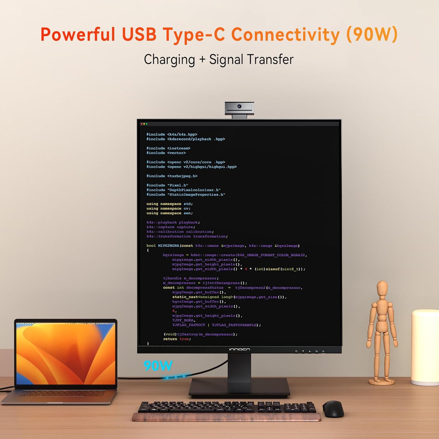 INNOCN 28 Inch 16:18 SDQHD 2560 x 2880p Computer Vertical Monitor with 2.0MP Webcam with Mic, Height/Pivot Adjustable Stand, Speakers, 98% DCI-P3, HDR 10, Black - 28C1Q