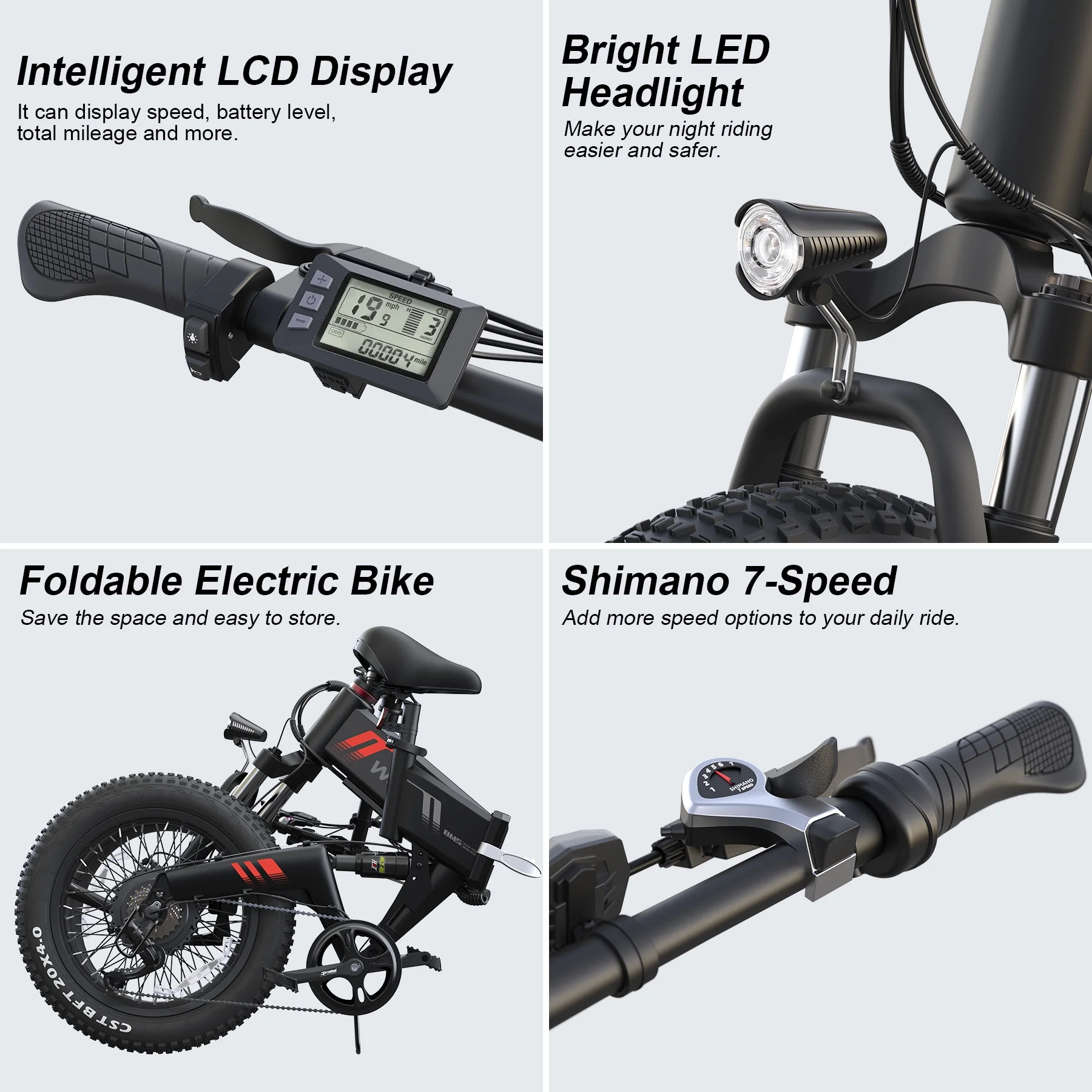Wooken Electric Bike, 20''X4.0 Fat Tire Electric Bike for Adults, 500W 20MPH Foldable Electric Bicycle with 48V 10Ah Built-in Battery, Shimano 7 Speed Wheels Electric Bike, Dual Shock Absorber