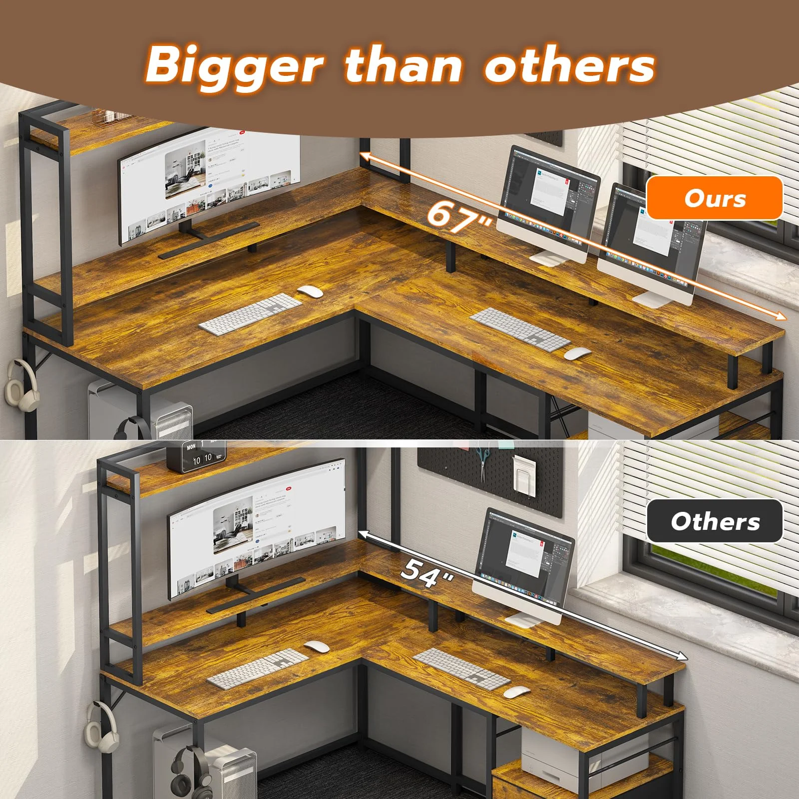 SEDETA 94.4" L Shaped Desk with Hutch, Home Office Desk with File Drawers, Keyboard Tray, Monitor Stand, Storage Shelves, Rustic Brown
