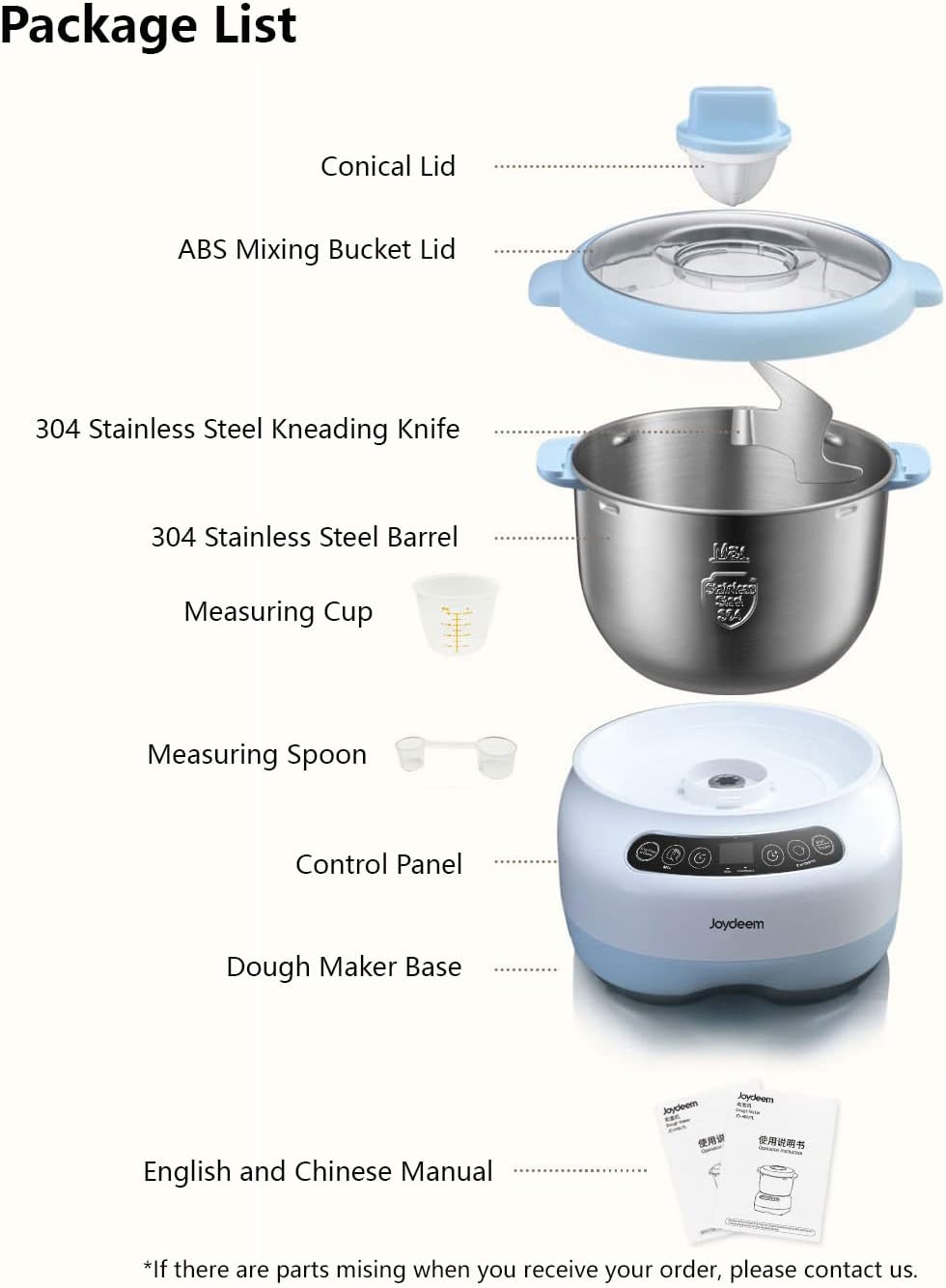 Joydeem Electric Dough Maker with Ferment Function, Microcomputer Timing, Face-up Touch Panel, 6.6Qt, 304 Stainless Steel, JD-HMJ7L