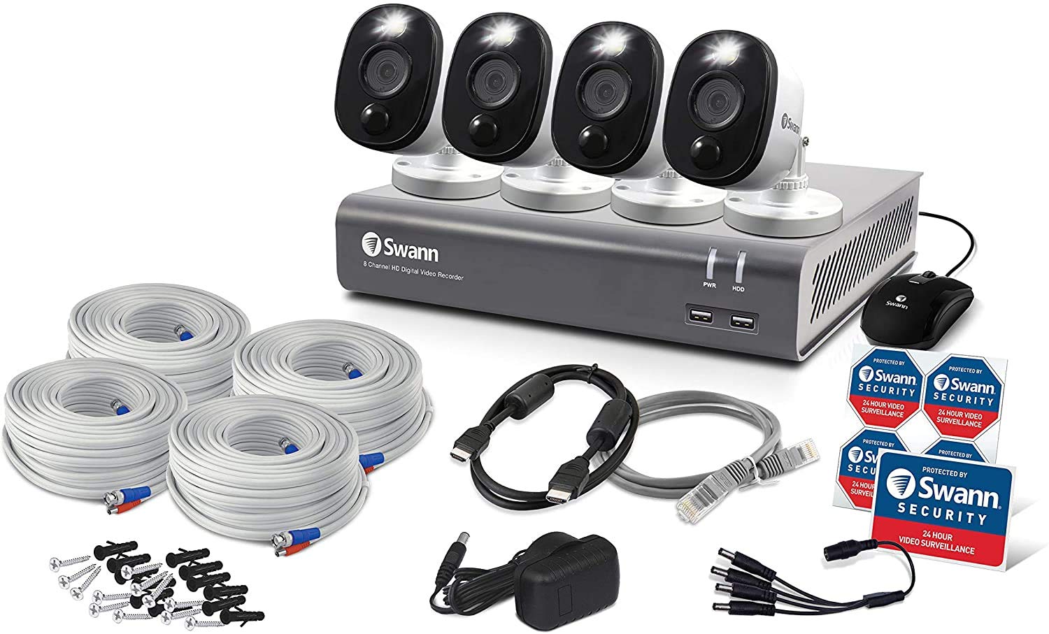 Swann 8 Channel 4 Camera Security System, Wired Surveillance 1080p HD DVR 1TB HDD, Audio Capture, Weatherproof, Color Night Vision, Heat & Motion Sensing Warning Light, Alexa + Google, SWDVK-845804WL