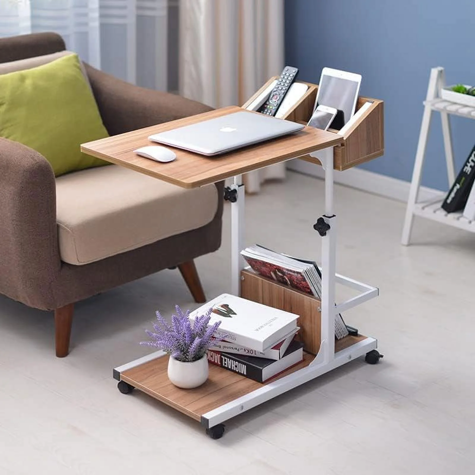 HOOMHIBIU C Shaped Table  Mobile Couch Table w/Wheels  Height Adjustable Sofa Side Table  Wooden Snack Side Table w/  Bedside Laptop Stand for Bedrooms  Study Rooms  Dormitories  Other Sm