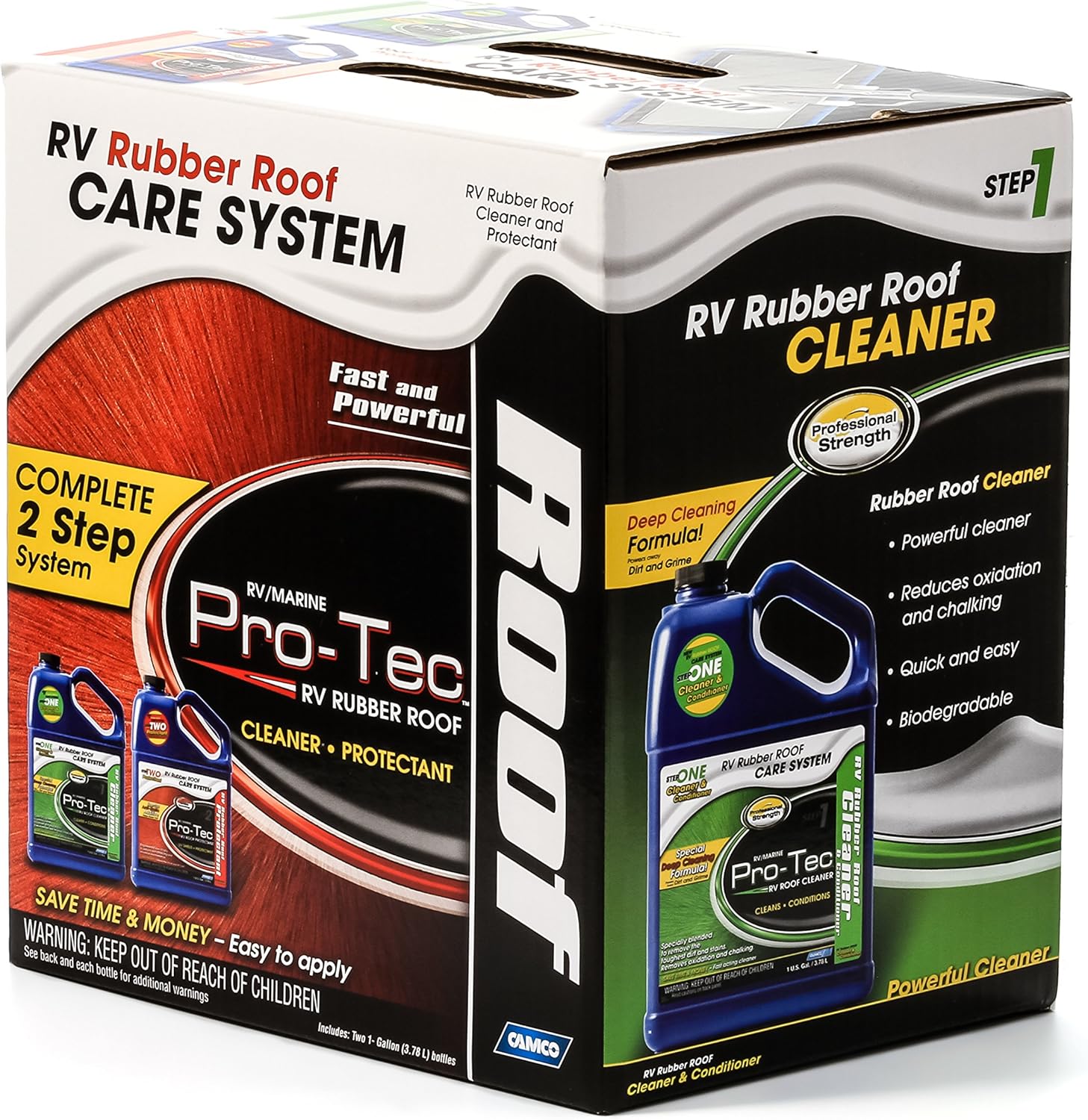 Camco Pro-Tec RV Rubber Roof Care System - Two Step Treatment Rids Dirt and Grime and Reduces Roof Chalking | Extends The Life of RV & Trailer Rubber Roofs - 2 Gallons - 2 Pack