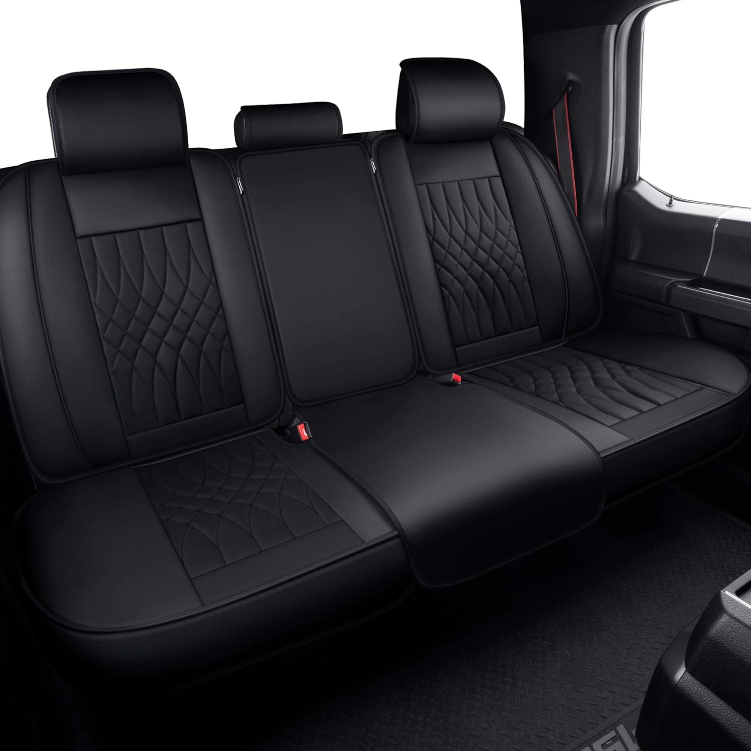 Front and Back Seat Covers fit for F-150 F150 Crew Cab from 2015 to 2020 and fit for F250 F350 F450 Crew Cab from 2017 to 2020 with Faux Leather (Black & Red Full Set)