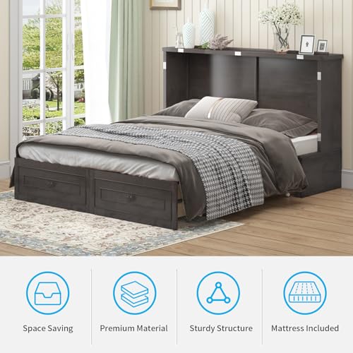Mjkone Murphy Bed Cabinet, Queen Size Cabinets Bed Chest with USB Charging Station & Tri-Folding Mattress, Wall Beds with Storage Drawers for Guest Bedroom Apartment Office, Easily Convertible, White