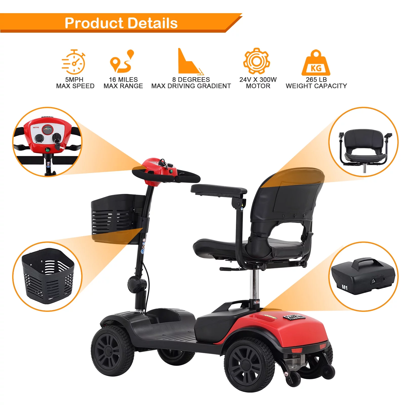 4 Wheels Folding Mobility Scooter for Seniors Adults with Baskets Blue