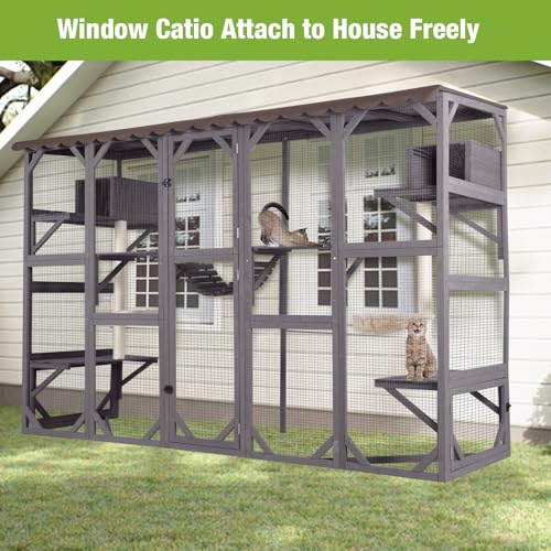 Catio Outdoor Cat Enclosure Window Cat House Wall Mounted Wooden Cat Cage with Scratching Posts,Resting Box